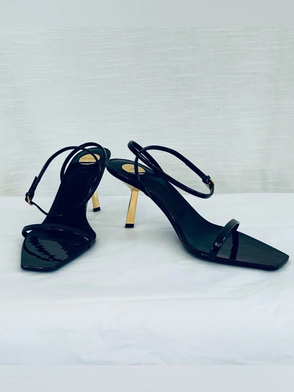 Saint Laurent Designer Patent Leather Strappy Sandals with Gold Heels - Picture 8 of 13